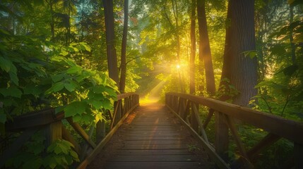 Tranquil wooden bridge in a sunlit forest. Sun rays filtering through lush green trees create a peaceful and inviting atmosphere.