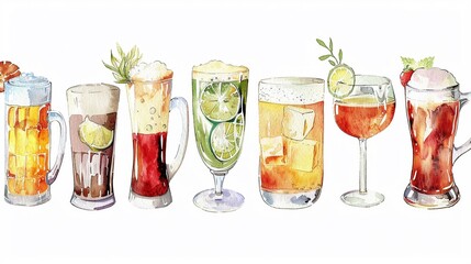 Series of watercolor beverages from a frothy beer mug to a delicate tea cup