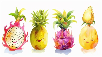 Series of watercolor exotic fruits like a grinning dragon fruit and a tickled pineapple