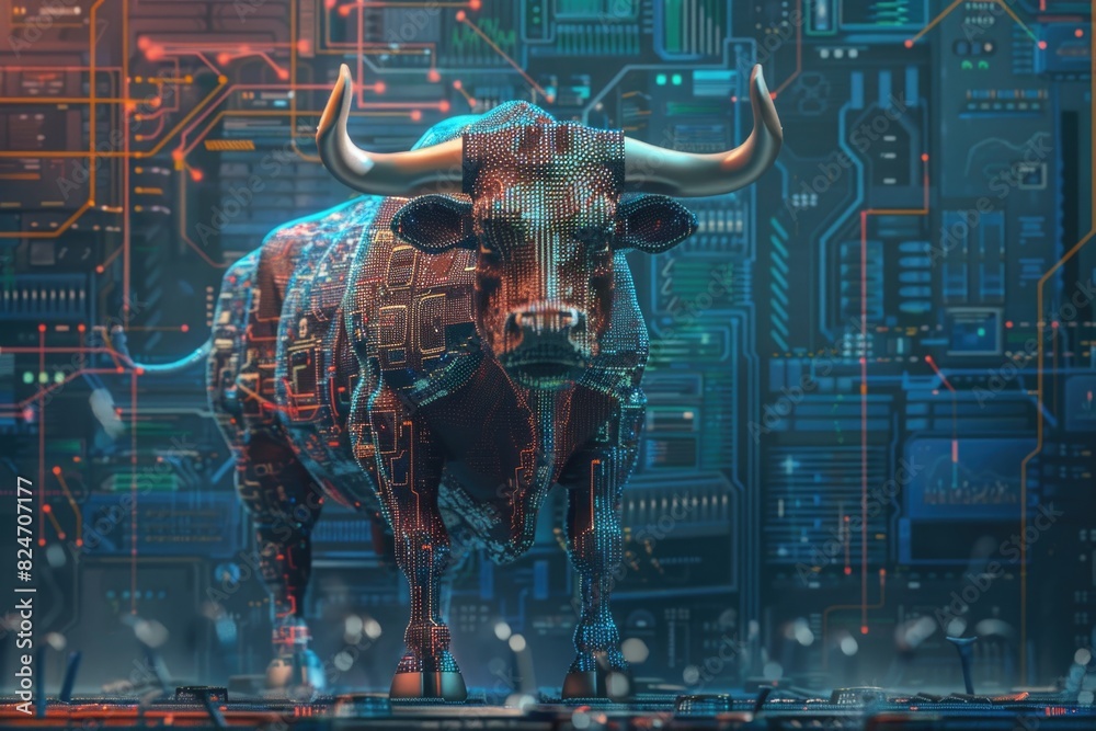 Poster bull standing in front of electronic circuit board, suitable for technology concepts