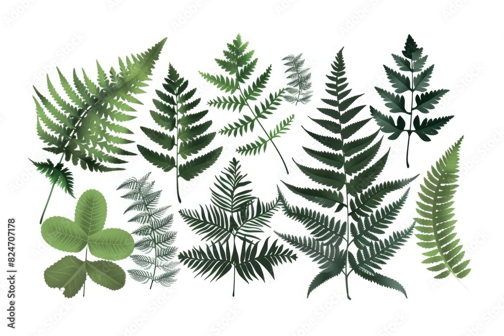 Poster assorted leaves on a plain white background, suitable for design projects