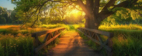Fototapeta premium Scenic sunrise over a wooden bridge in a tranquil meadow, surrounded by lush greenery and a majestic tree.