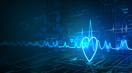 Heartbeat Monitor Line with Digital Heart on Blue Abstract Background