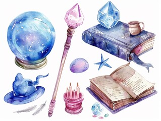 Set of watercolor magical items including a sparkling wand