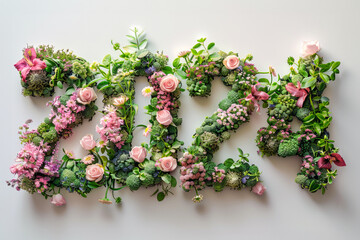 Botanical arrangement spelling 2024, a natural call to environmental action, Earth day concept