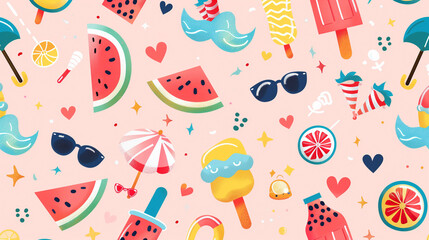 Colorful Summer Pattern with Watermelon, Sunglasses, and Umbrellas