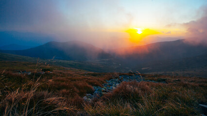 Amazing sunset in Ukrainian Carpathian mountains , Chornigysrsyi hrebet range