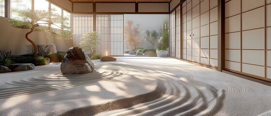 Japanese garden There are ripples on the sand. Create a calm, simple atmosphere suitable for relaxation. It is a space for meditation on Zen philosophy that emphasizes simplicity harmony with nature.