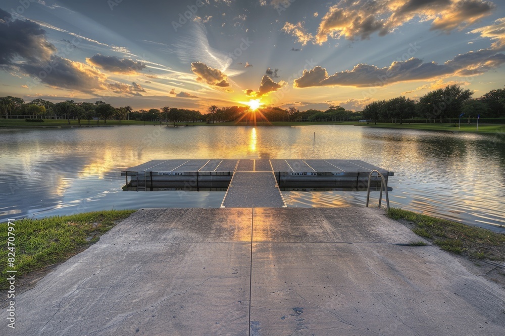 Poster a tranquil scene of a dock on a lake with a beautiful sunset in the background. perfect for relaxati
