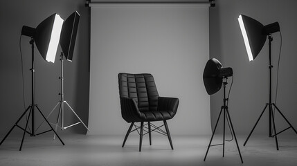 Black Leather Armchair in Photography Studio with Lighting Equipment