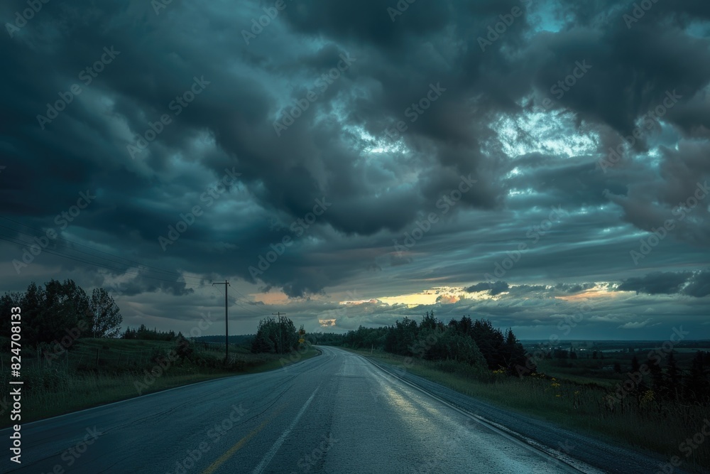 Poster a serene image of an empty road with a clear blue sky background. ideal for travel and transportatio