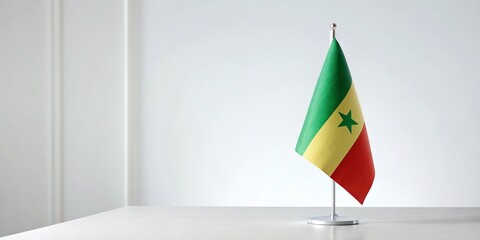 A miniature Senegalese flag on the table with the sun shining into the room
