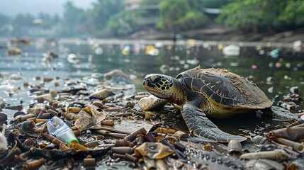 Obraz premium turtles are on dirty beaches full of plastic waste, the danger of plastic waste for the marine ecosystem