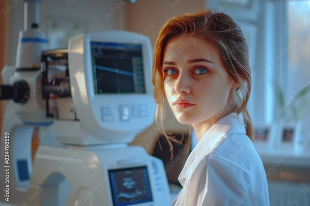 Poster a woman standing in front of a machine. suitable for industrial and technology concepts