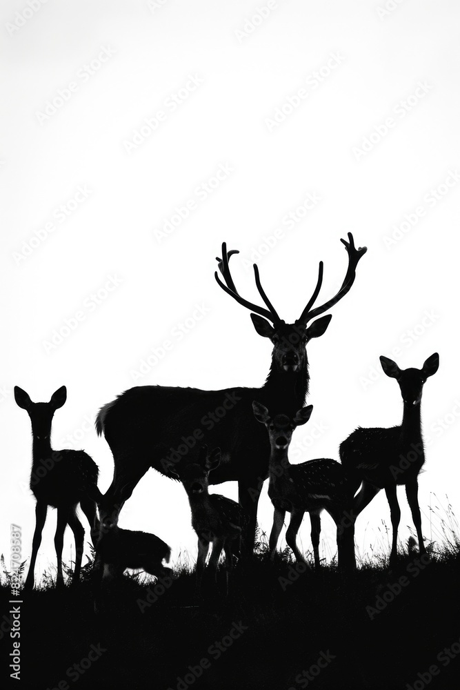 Poster a herd of deer standing on top of a grass covered field. suitable for nature and wildlife concepts
