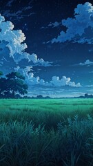 Obraz premium Grass field and distant tree at night sky anime design 