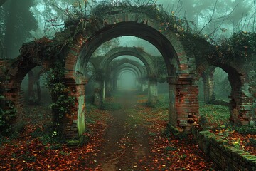 Fototapeta premium Ancient stone temple entrance overgrown with lush vegetation, glowing lights illuminate the path.