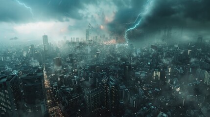Fototapeta premium Cataclysmic Cityscape Skyscrapers Swaying Amidst Thunderous Upheaval