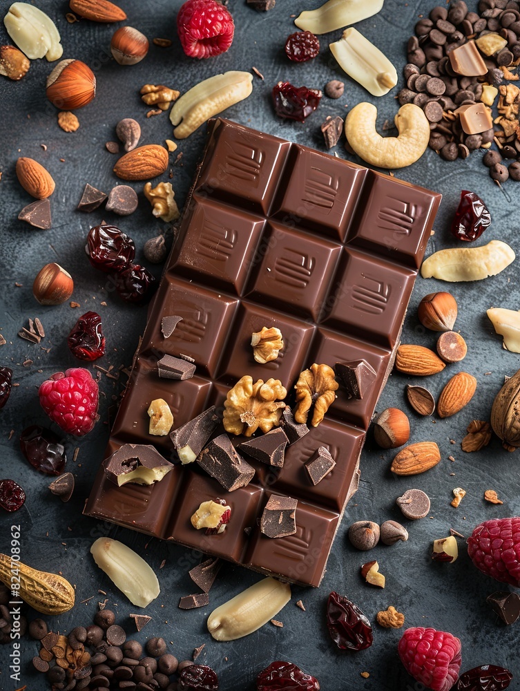 Poster rich chocolate bar with a variety of nuts, raspberries, and almonds on a textured surface. generativ