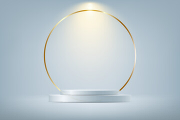 Grey and gold studio room background. grey background vector 3d with podium. Empty room with Spotlight effect. Space for selling products on the website. Business backdrop. Vector illustration.