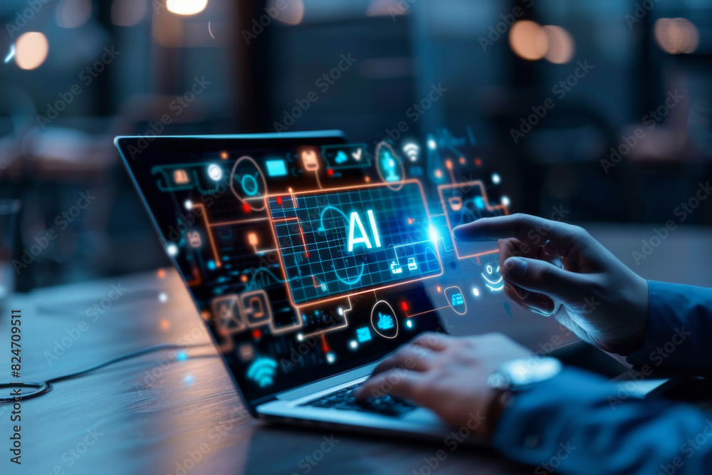 Wall mural hand of businessman using smart ai artificial intelligence chatbot in laptop with virtual graphic ai