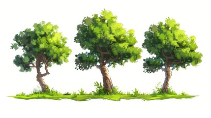 Animated 2D cartoon tree modern, white background.