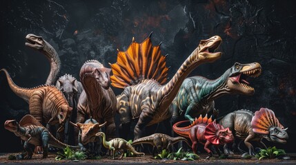A group of toy dinosaurs standing in a row. Perfect for educational materials