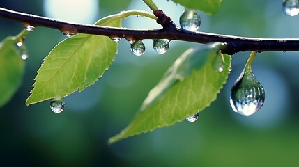 A drop of water on the branches of a tree in spring,Blurred Background - Powered by Adobe