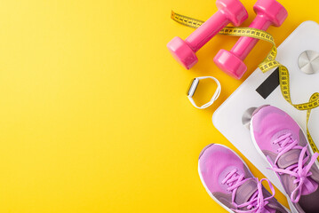 Fitness essentials layout. Top view of gym shoes, dumbbells, measuring tape, fitness tracker, and scale on yellow background with space for text or advertisement
