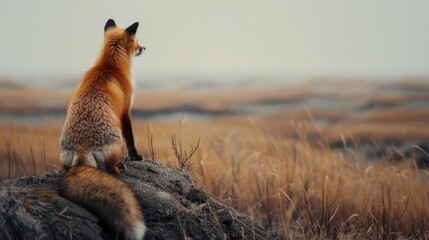 A fox sitting on top of a rock in a field. Perfect for nature and wildlife themes - Powered by Adobe