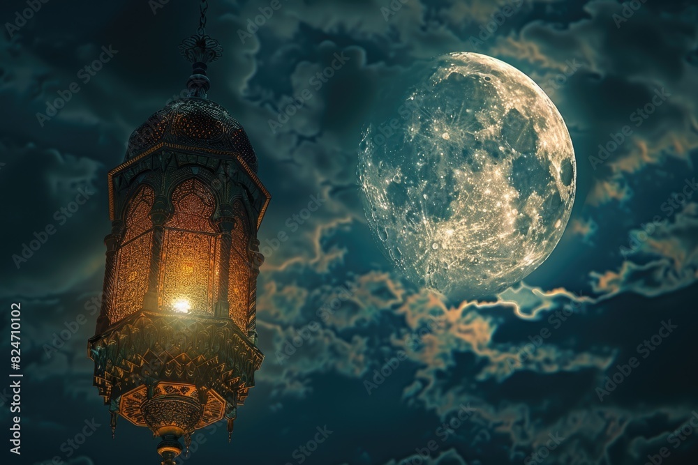 Poster A lantern hanging from the side of a building with a full moon in the background. Ideal for Halloween or spooky themed designs