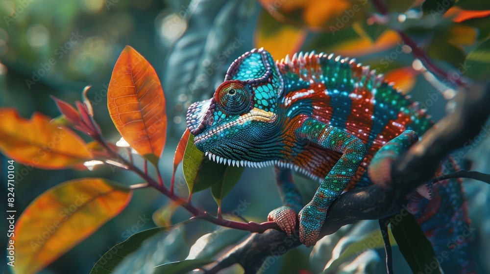 Poster a vibrant chameleon perched on a tree branch. ideal for nature and wildlife themes