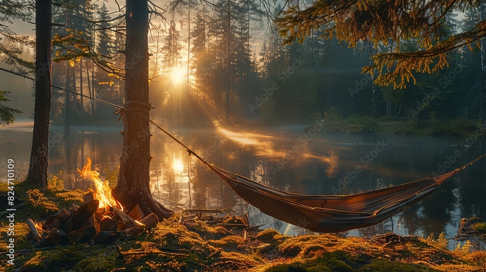 Poster green dark coniferous forest, rays of the setting sun between the trees, a stretched hammock near th