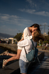 Fototapeta premium Young couple tourists make selfie on ancient European Turkish monument background