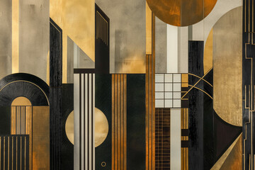 abstract art deco painting, elegant, art nouveau, urban skyline with geometric shapes and gold accents, black, white, beige, golden, illustration // ai-generated 