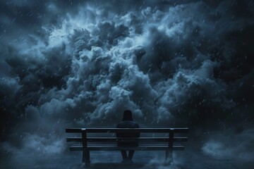 A man sitting on a bench in the rain. Suitable for weather-related concepts