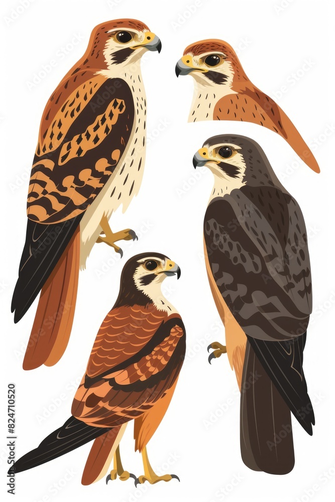 Poster group of birds of prey on a clean white background, suitable for various design projects