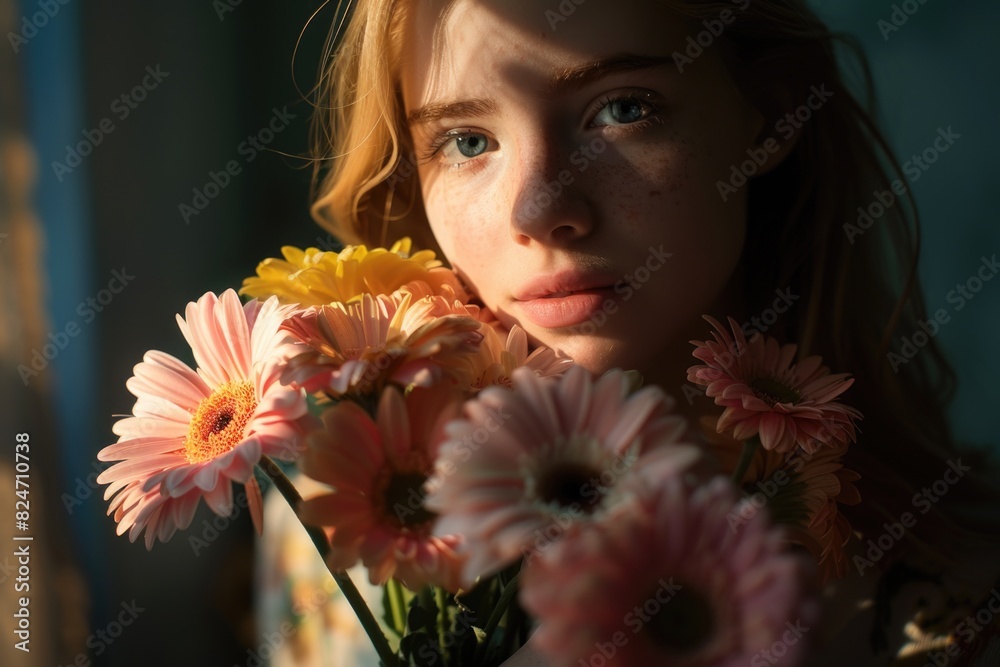 Poster A woman holding a bunch of flowers, perfect for various occasions