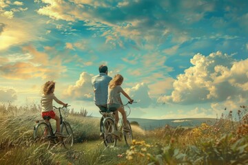 A man and two children riding bicycles in a field. Suitable for outdoor activity promotions