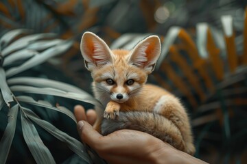 Fototapeta premium A cute small fox sitting on top of a person's hand. Perfect for animal lovers or wildlife enthusiasts