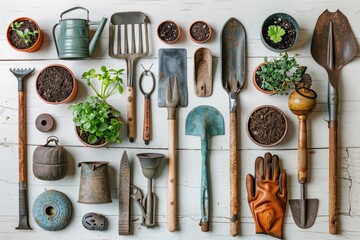Tools, gloves and shovel on the board