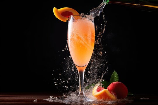 Peach Bellini Fizz: Fizzing bubbles in a peach bellini.