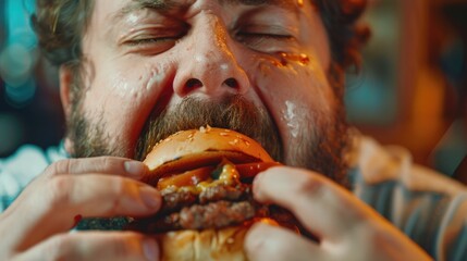 A man with a beard enjoying a hamburger. Ideal for food and lifestyle concepts