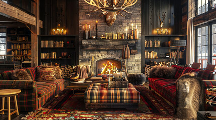 A cozy, cabin-inspired living room with a plush, plaid-upholstered sofa, a stone fireplace, and a...