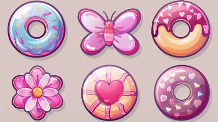 Butterfly and donuts and flower bubble ballon in retro style. Cartoon tattoo modern illustration isolated on transparent background.
