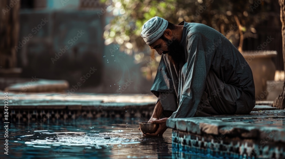 Poster a man sitting on the edge of a swimming pool. suitable for lifestyle and relaxation concepts