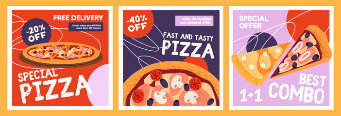 Templates of pizzeria gift vouchers set. Design of traditional Italian food restaurant discount coupon with pepperoni slices, pieces. Special offers of pizza on sale flyers. Flat vector illustrations