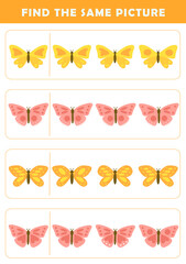 Naklejka premium Find same picture worksheet for kids. Worksheet for kids kindergarten, preschool and school age. Education game for children with cute butterfly illustration.