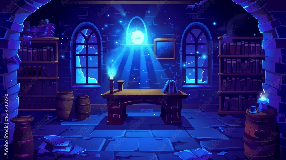 Wall mural Old magic school room with cartoon wizard game background and classroom interior for halloween fairy tale. Medieval alchemist study desk in castle with wooden bookcase and magician book scene.