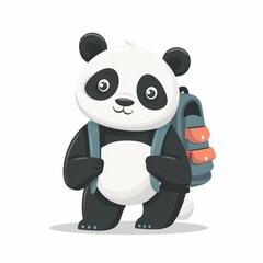 Playful panda cub with backpack, cute cartoon character in flat design, Asian baby bear vector illustration on white
